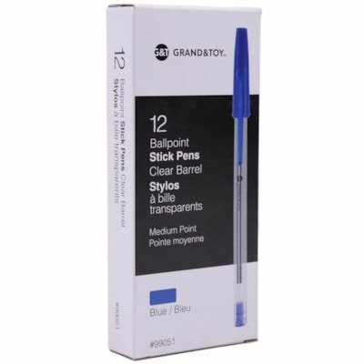 Grand and Toy Premium Ballpoint Pens Blue Medium Box of 12 - 0.7 mm Medium Round Pen Point - Blue Ink - Clear Barrel - 12 / Box